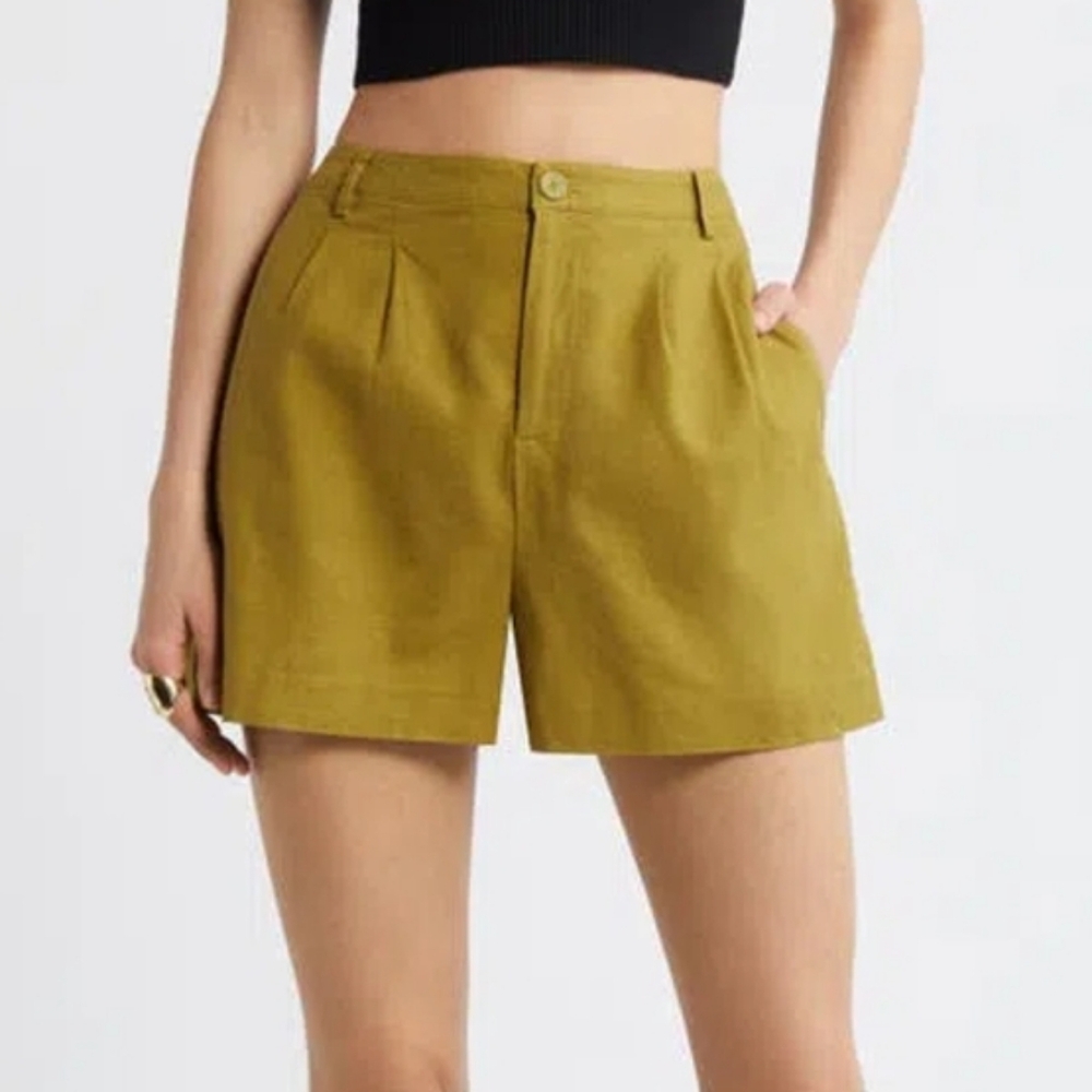 Open Edit High Waist Linen Blend Shorts In Olive Eyes